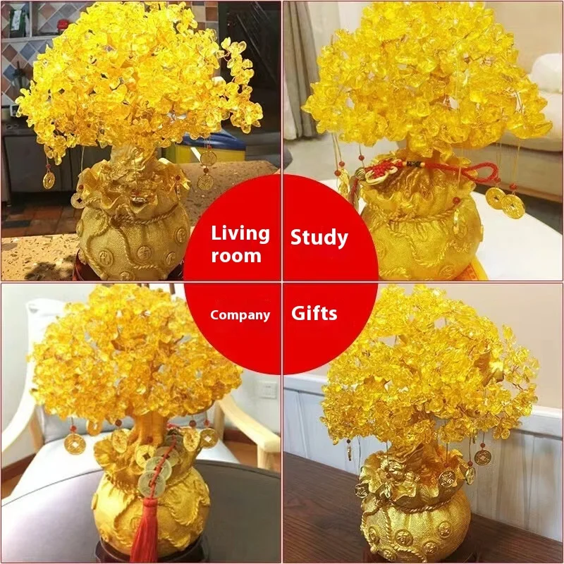 Sale Feng Shui Citrine/Yellow Crytal Money Tree with Chinese Dragon Pots Crystal Ornament Jewelry for Home Living Room
