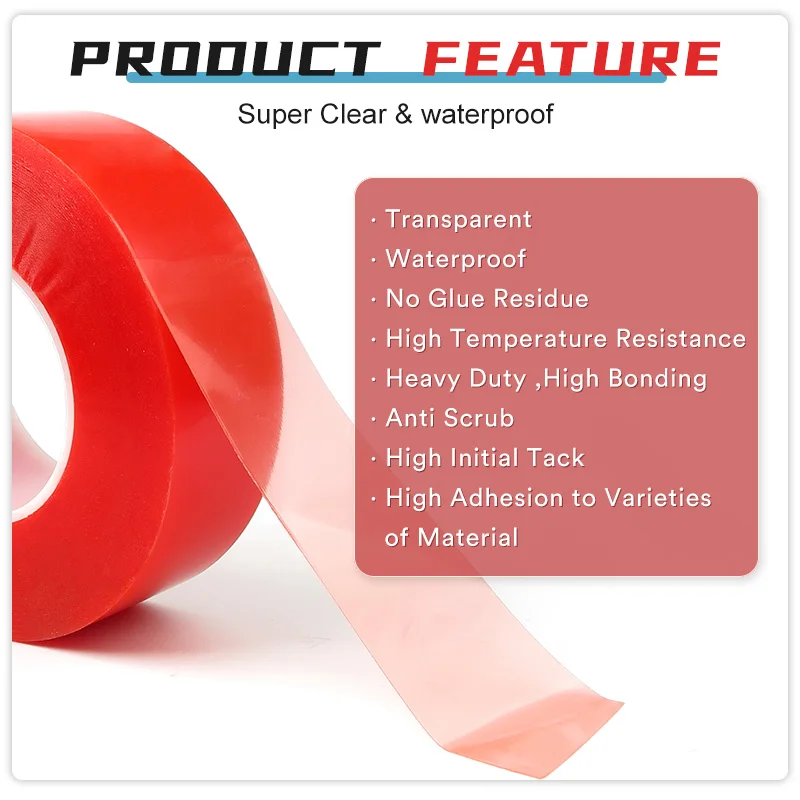 Recyclable Double Sided Self-Adhesive Tape Heat Resistant Red Release Liner Clear Transparent Polyester PET Film Acrylic Tape