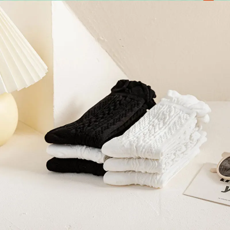 Korean Style Lolita Lace Middle Tube Solid Color Girl Socks White Frill Ruffle Cotton Fashion Socks