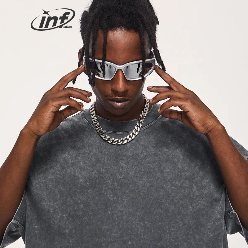 INFLATION Acid Washed 260 gsm Brand Clothing Black T shirt Unisex Heavy Cotton Streetwear T-shirt