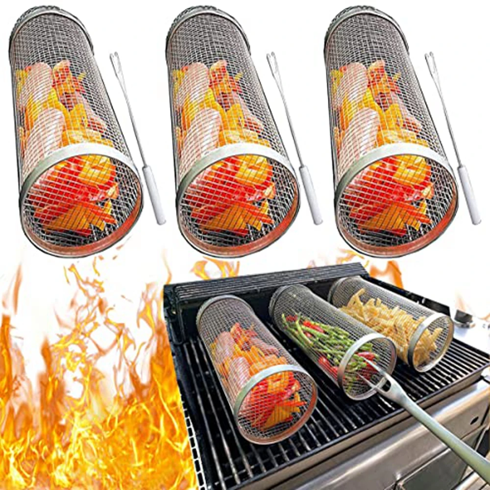 Rolling Grilling Basket - Greatest Ever, Round Stainless Steel Bbq Grill Mesh, Camping Barbecue Rack For French Fries, Fish