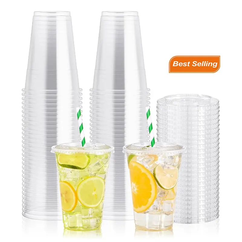Wholesale Clear Plastic Cups Coffee Shop Takeaway Disposable PET Cups Cold Beverage Cups with Lids