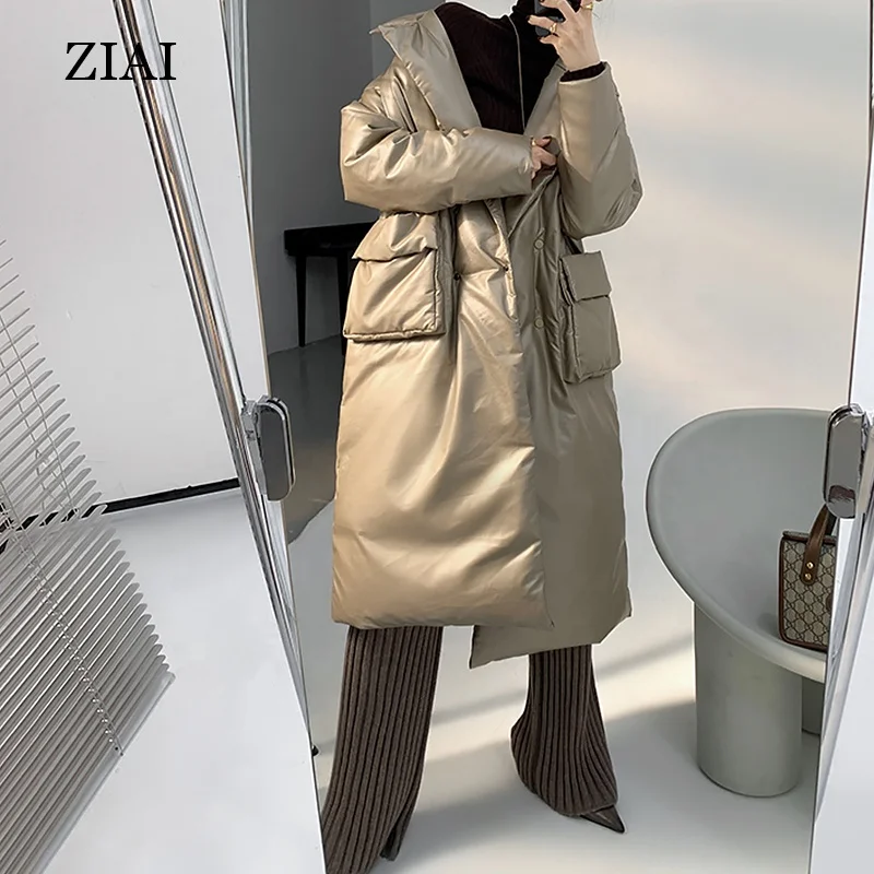 Custom Women Long Coats long Sleeve down coat Belted PU Leather Coat