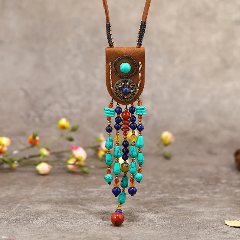 Tibetan Ethnic Leather Turquoise Pendant Necklace Bohemian Traditional Clothing Choker Jewelry