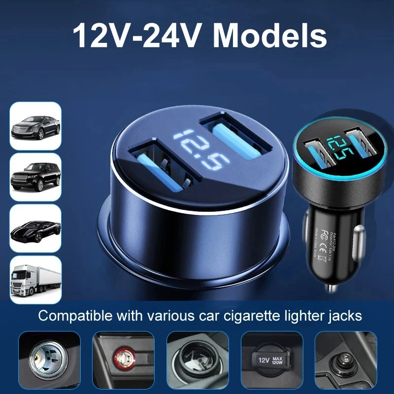 3.1A Car Charger Portable Car Cigarette Lighter Adapter Universal LED Display Dual USB Car Charger Adapter For iPhone 11 12 13