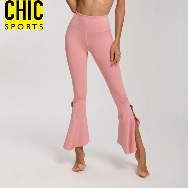 
Sexy Pink Ruffle Flare Dance Leggings Fitness Sports Bell Bottom Beauty Women Wide Leg Yoga Pants 