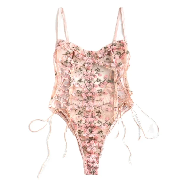 
Women Teddy Bodysuit Floral Embroidered lingerie Sexy Underwear Erotic Corset Lace Mesh Nightwear strap one-piece pajamas 