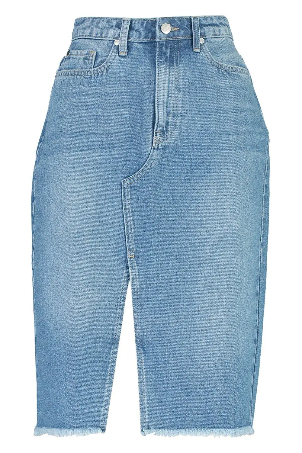 Wholesale custom split straight knee length bodycon female blue high waist women fall long denim midi jean skirts for ladies