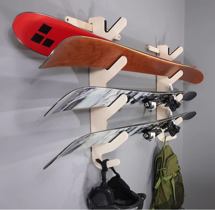 Industrial Birch Wood Ski Rack Hallsteiner Series Horizontal Ski Wall Mount Ski Storage Rack for Home Storage