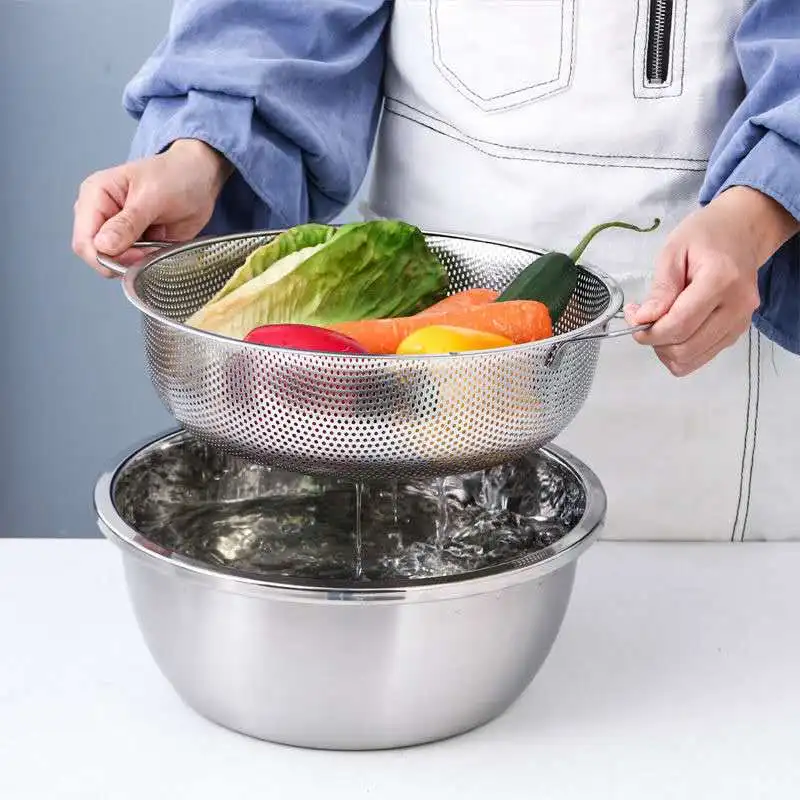 Kitchen Utensils Stainless Steel Perforated Colander Basket for Fruits and Vegetables Food Use