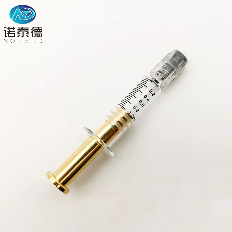 Factory 1 ml 2.25ml 3ml 5ml luer lock glass syringe with gold metal plunger