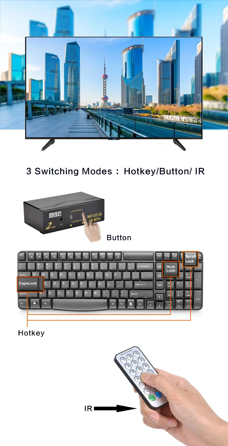 High quality 2 Port USB  VGA KVM Switch with USB Hub for PC or Monitor Switching panel button/hotkey/IR Remote Control Switch