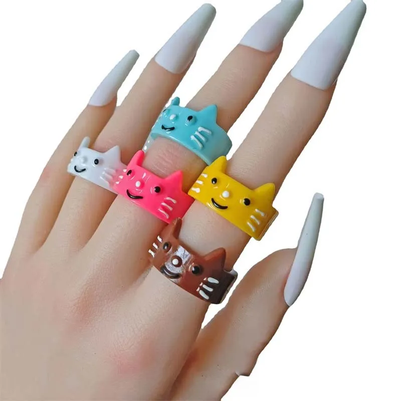 Cute Cats Kitten Resin Acrylic Ring Small Animal Cartoon Three-Dimensional Knuckle Ring Chunky Index Finger Joint Ring Women