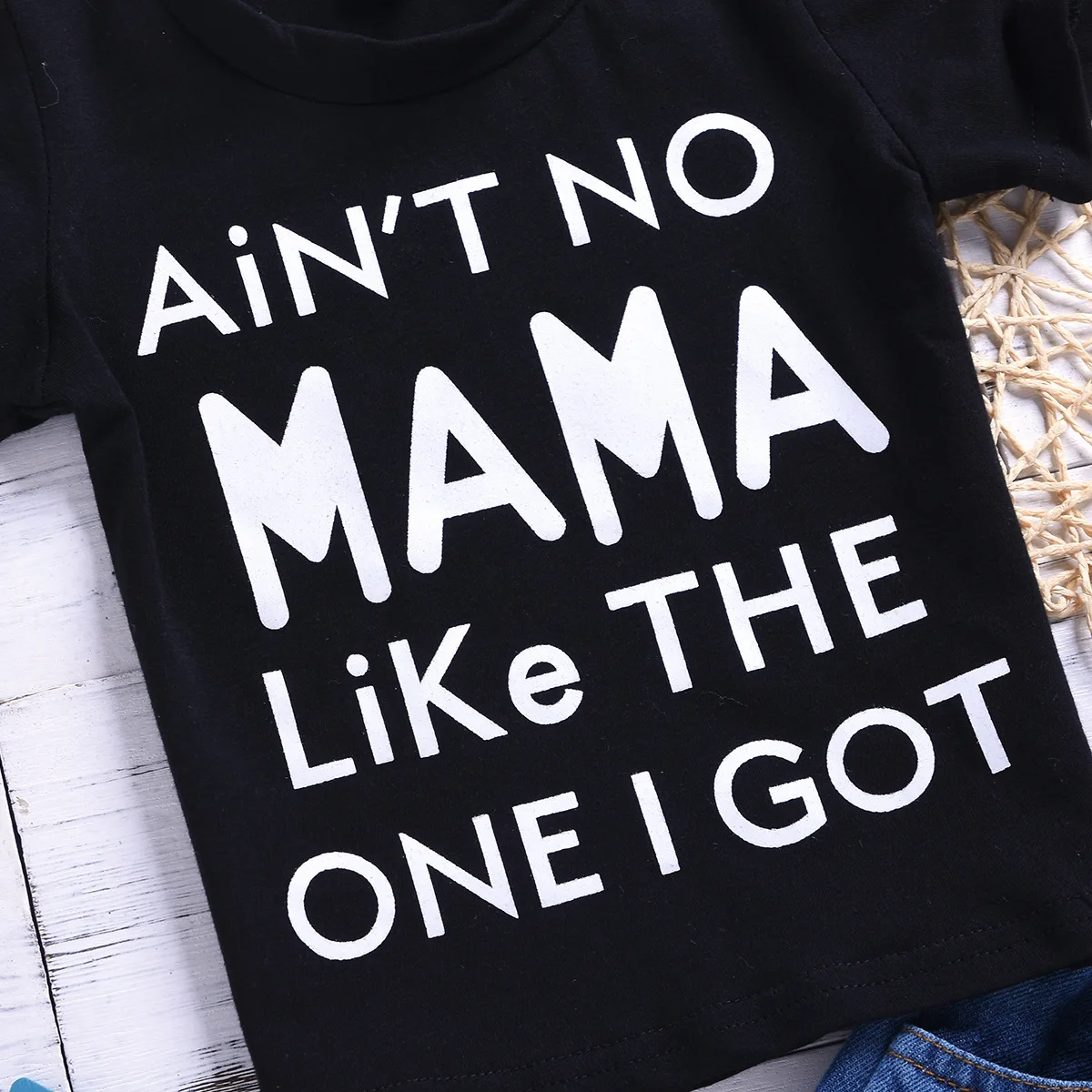 New summer baby girl letter short-sleeved printed T-shirt ripped denim shorts 2pcs clothing sets toddler girl set