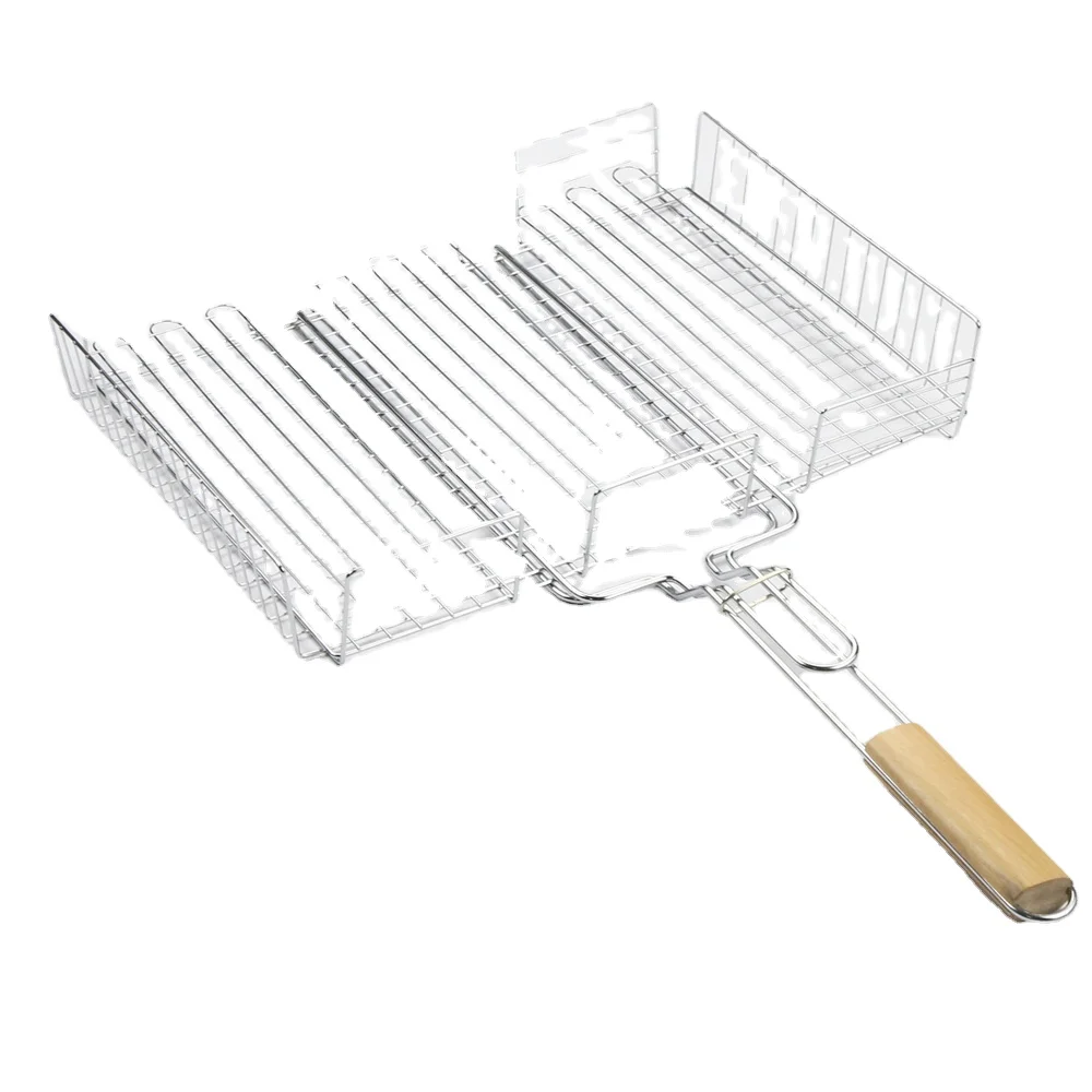 Big Size BBQ Grill Basket BBQ Wire Grill Mesh Net with Wooden Handle for Fish Vegetables Shrimp Meat