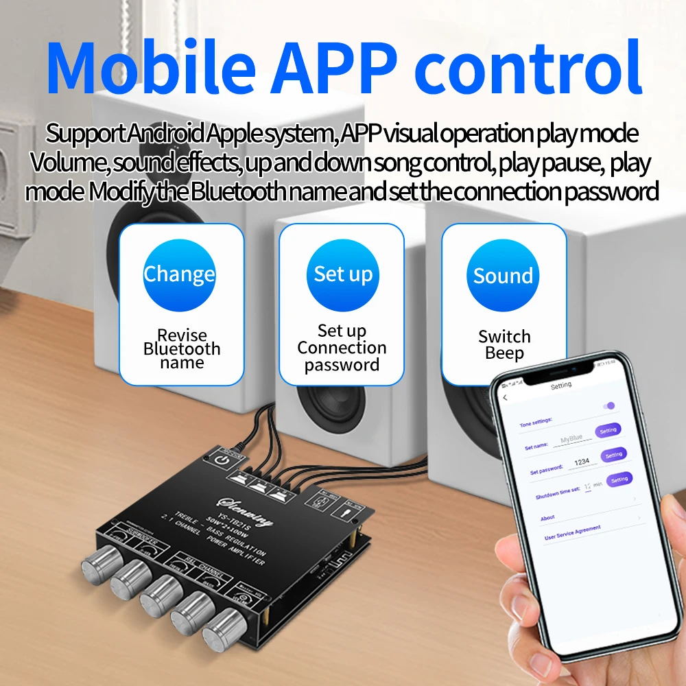 YS-TB21S TPA3116D2 2.1 Channel BT 5.1 Subwoofer Amplifier Board 50WX2+100W Power Audio Stereo Amplifier Board Bass AMP