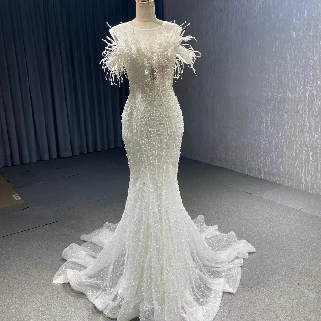 QUEENSGOWN  ostrich bridal pearls sleeveless ivory embroidered party dresses women luxury evening gown dress