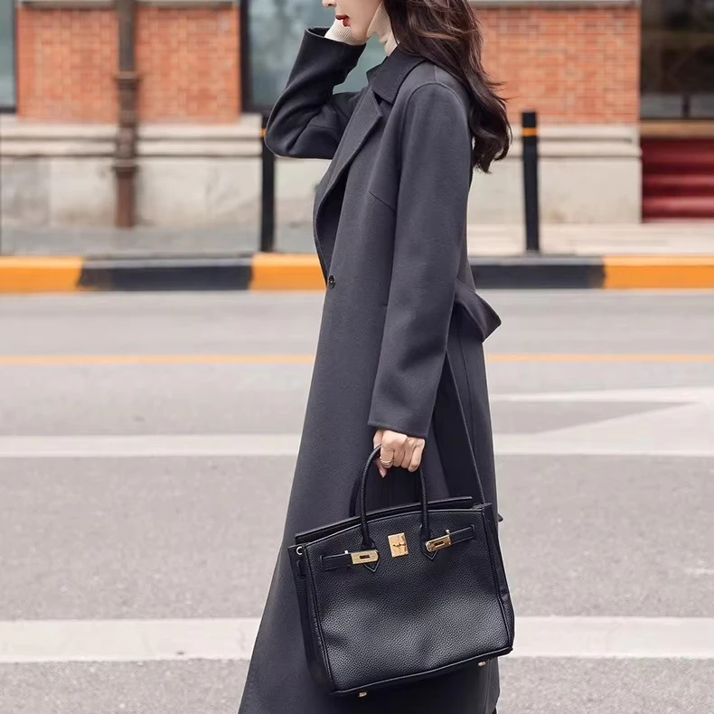 Gray double-faced cashmere coat for women mid-length 2024 new style winter double-faced cashmere suit collar slim woolen coat