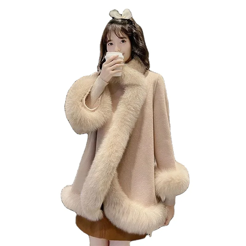 Fashion Ladies Winter Fox Fur Shawl Cloak Loose Plush Faux Fur Coat for Women