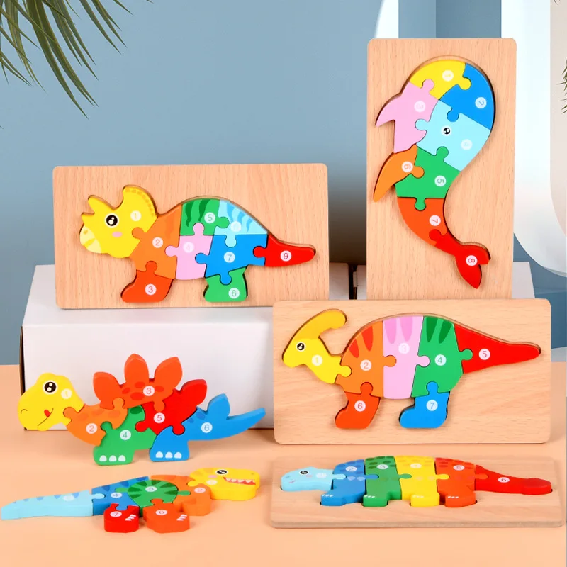 Factory Manufacturer Supply Wooden Puzzle Montessori 3d Jigsaw Puzzle Dinosaur Animal Educational Toys