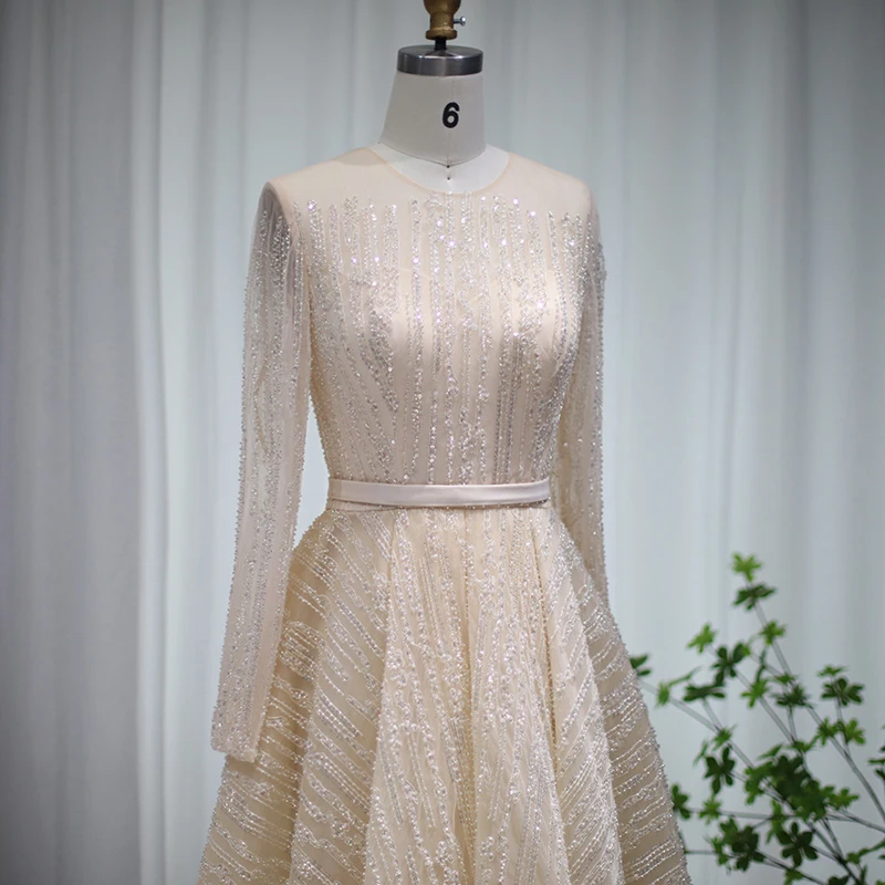 Jancember LSCZ135 Elegant 2023 O-neck Sequin Sashes  Pleat Evening Dress Long Sleeves