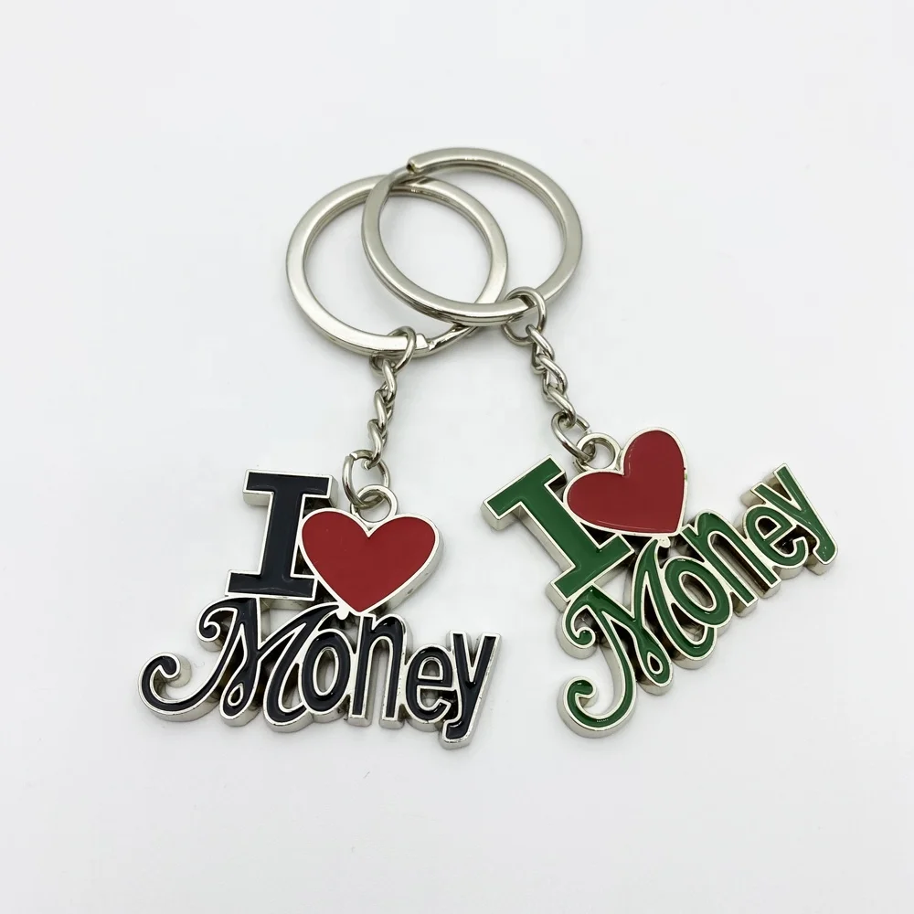 
Cheap Wholesale Funky Metal Keychain With Enamel Wording I Love Money 