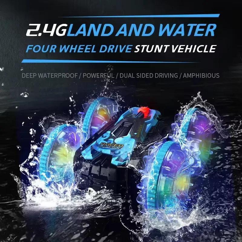 2.4G Remote Control Amphibious Vehicle Luminous Wheels Waterproof Double-sided 360 Rotation 4wd Rc Stunt Car For Kid