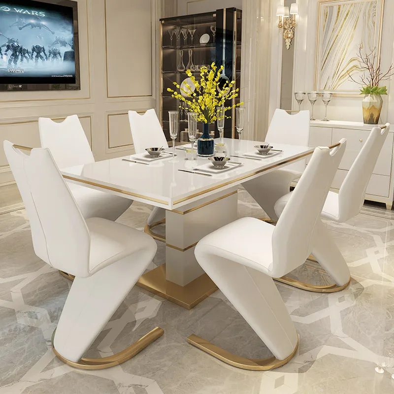 Luxury Gold Trim Home Dining Room Furniture Tempered Glass Lacquer Six People Table & Chairs Set