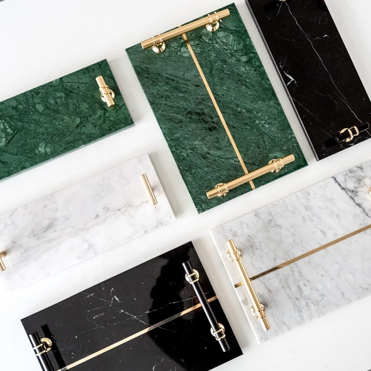 Square Marble Decorative Serving Tray Multifunctional Tray Dryer With Golden Handle