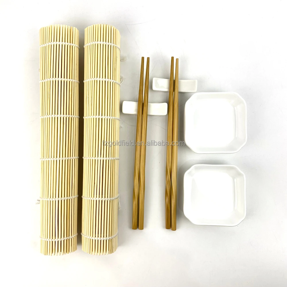 Customized white porcelain  bowl holder and  bamboo chopsticks  bamboo mat tableware gift set for 2 persons
