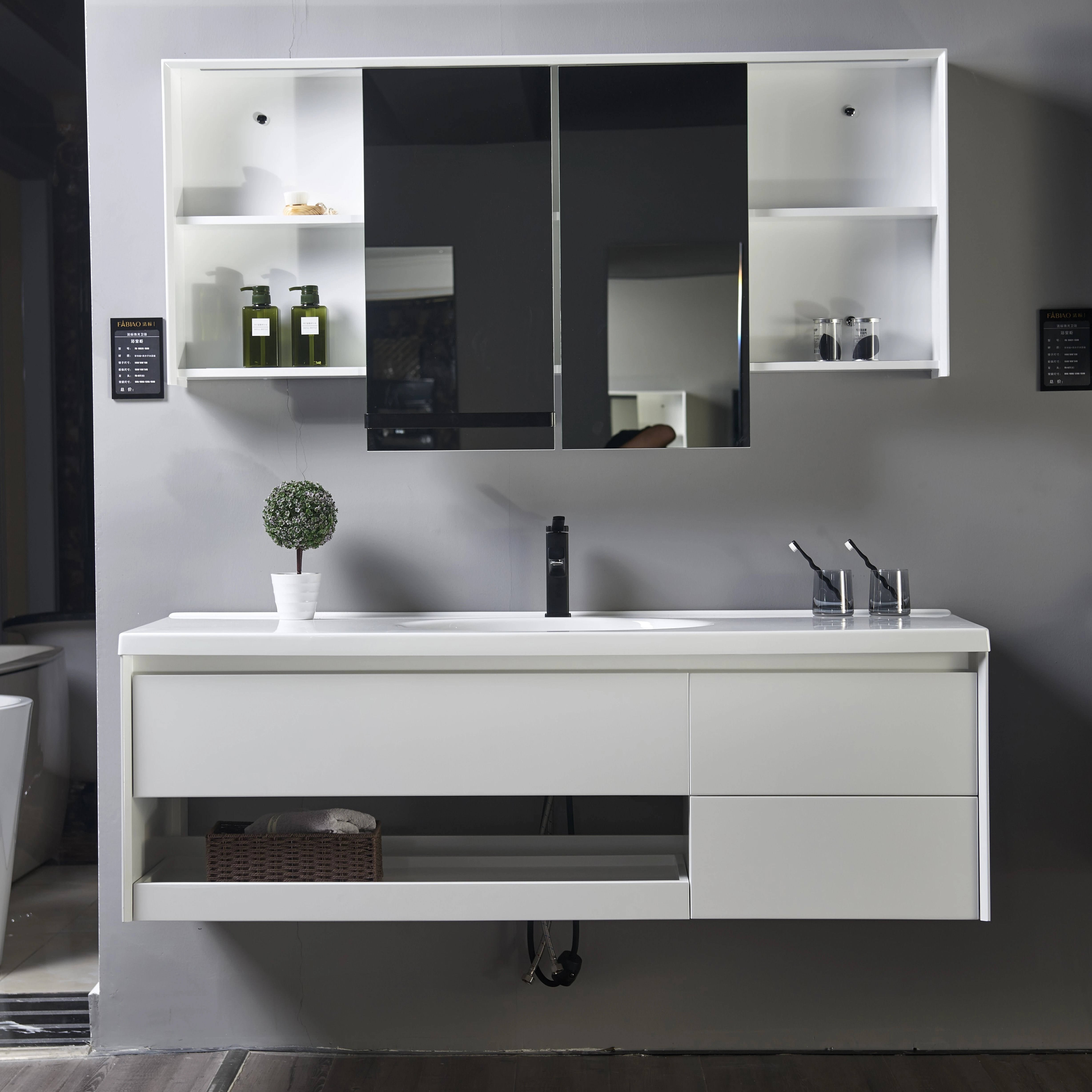 Top Grade Wholesale Wall Mounted White High Glossy painting PVC Ceramic Basin Bathroom Vanity with Mirror