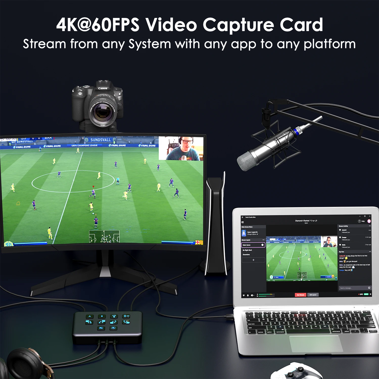 4K Dual HDMI Video Capture Card Equipment for Live Streaming with Loop Camera link to USB 3.0 Type-C Recording Game Video Mixer