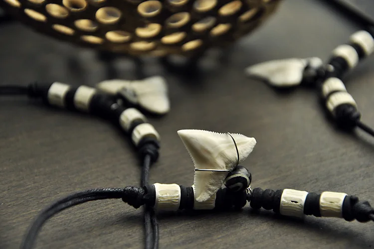 Real Shark Tooth Beads Adjustable Cord Necklace