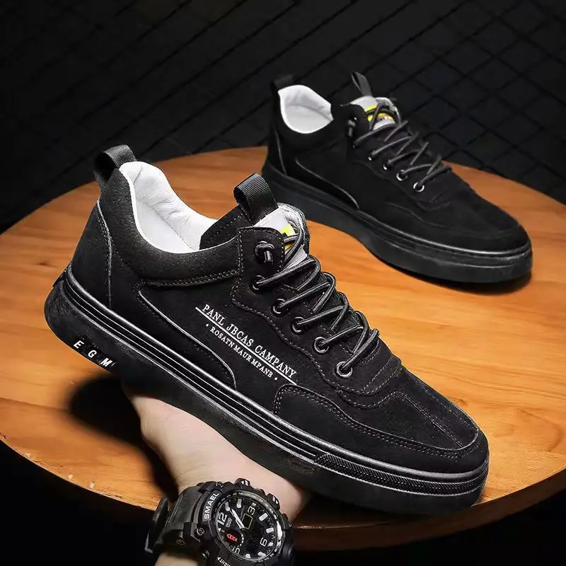 Hot New Fashion Black PU Leather Shoes Mens Sport Running Casual Lace Up Sneakers best sell men slip on flat casual shoes