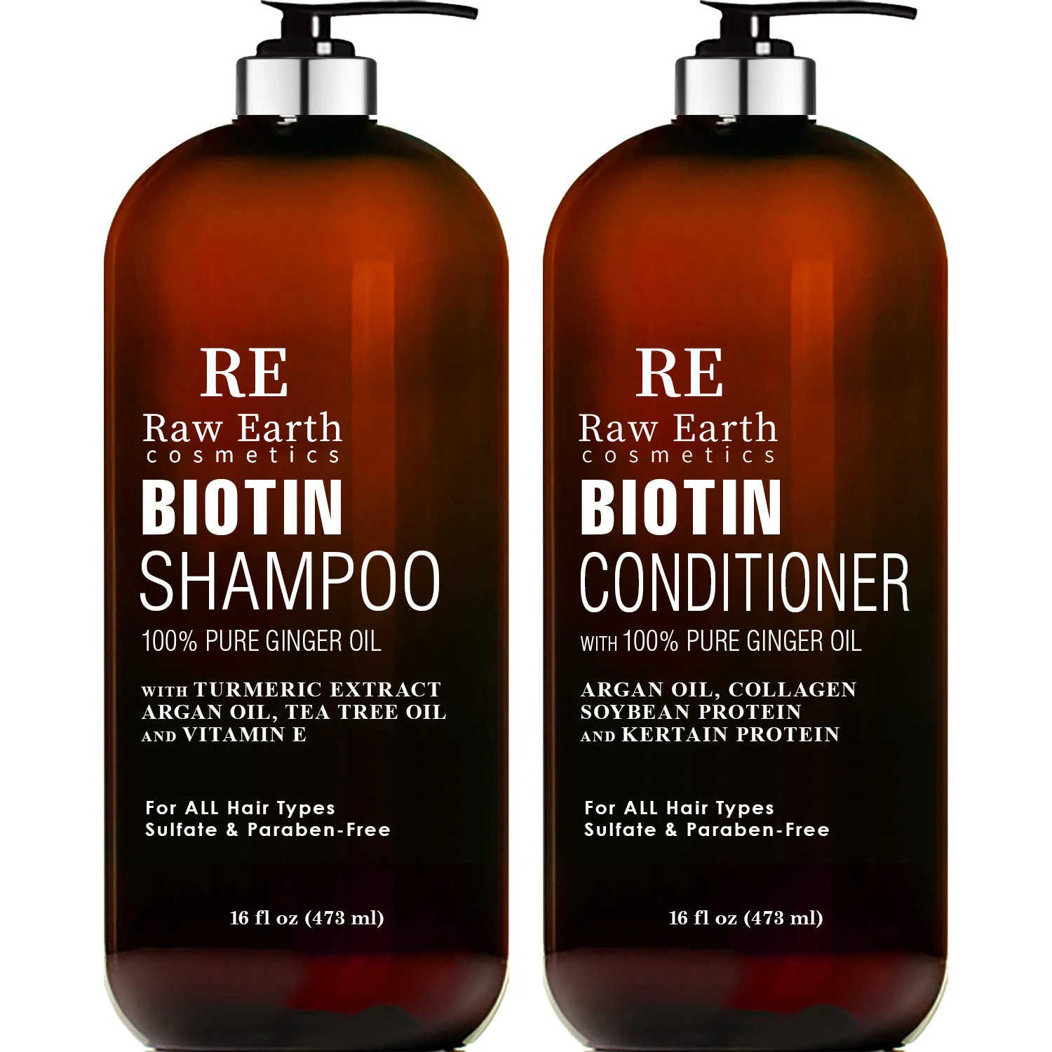 RAW EARTH Biotin Shampoo and Conditioner Set with Ginger Oil & Keratin for Hair Loss and Thinning Hair and Fights Hair Loss