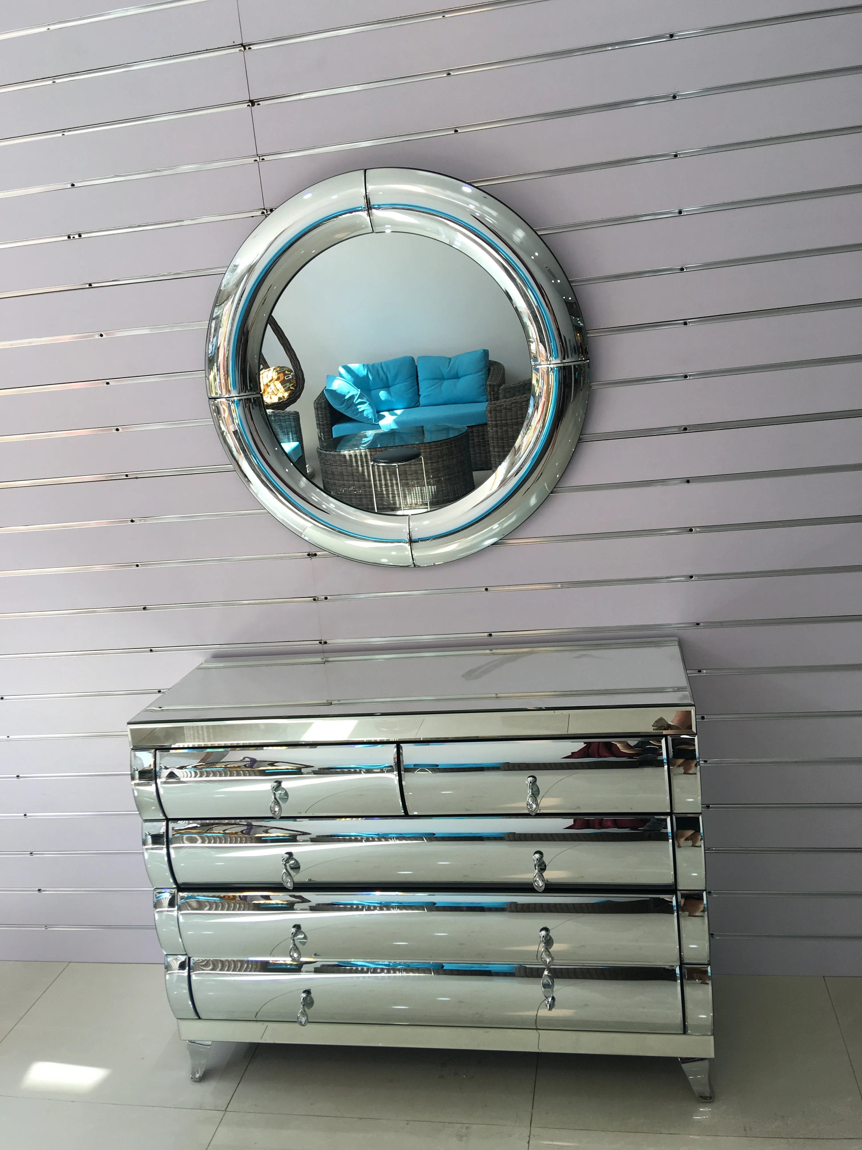 Vintage Round Mirrored Wall Art Mirror With Modern Sideboard Cabinet Sideboards Buffet Cabinets Storage Sideboard