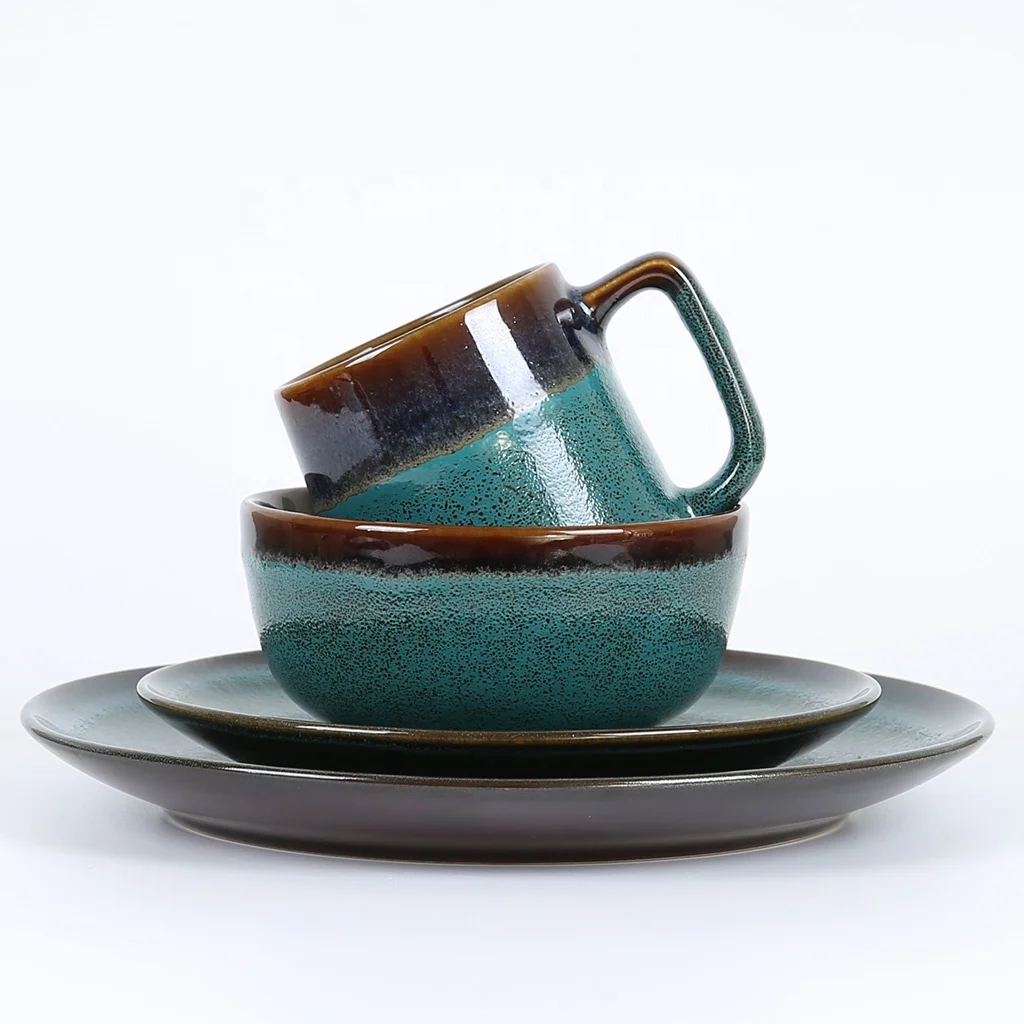 Custom printed flat round fambe dinner plate stoneware reactive dinnerware sets