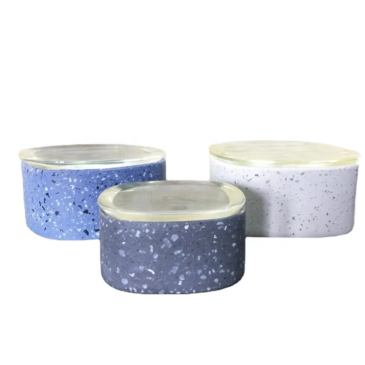 
Rounded square coloured grey blue white terrazzo natural stone concrete candle jar with Acrylic glass lid 