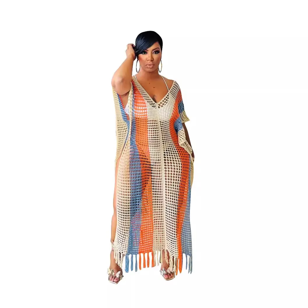 Fashion Causal Sleeveless Knitted Maxi Tassel Dress Summer Sexy Color Patchwork Hollow Out Beach Crochet Long Dresses