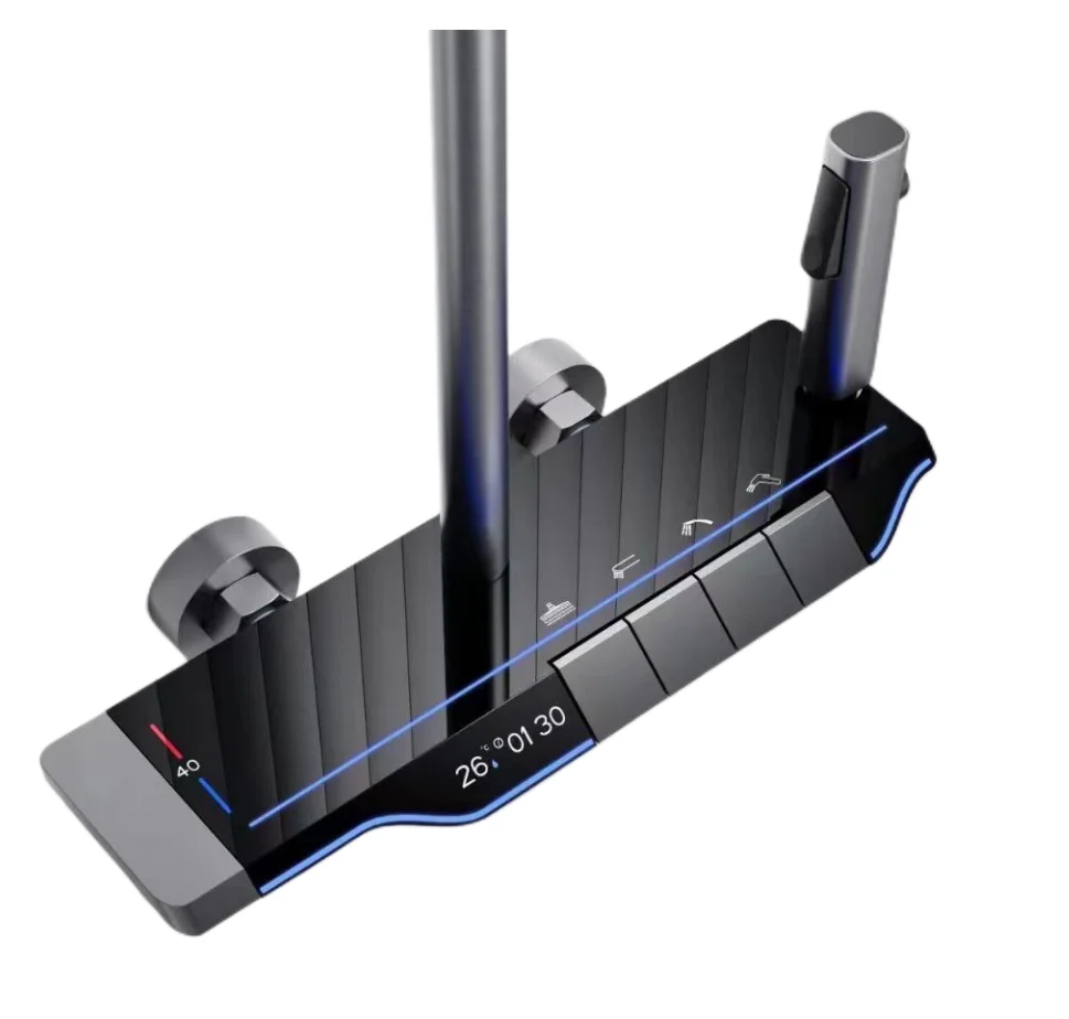 Thermostatic digital temperature display LED shower shower set home all copper piano key shower mixing valve gun gray faucet