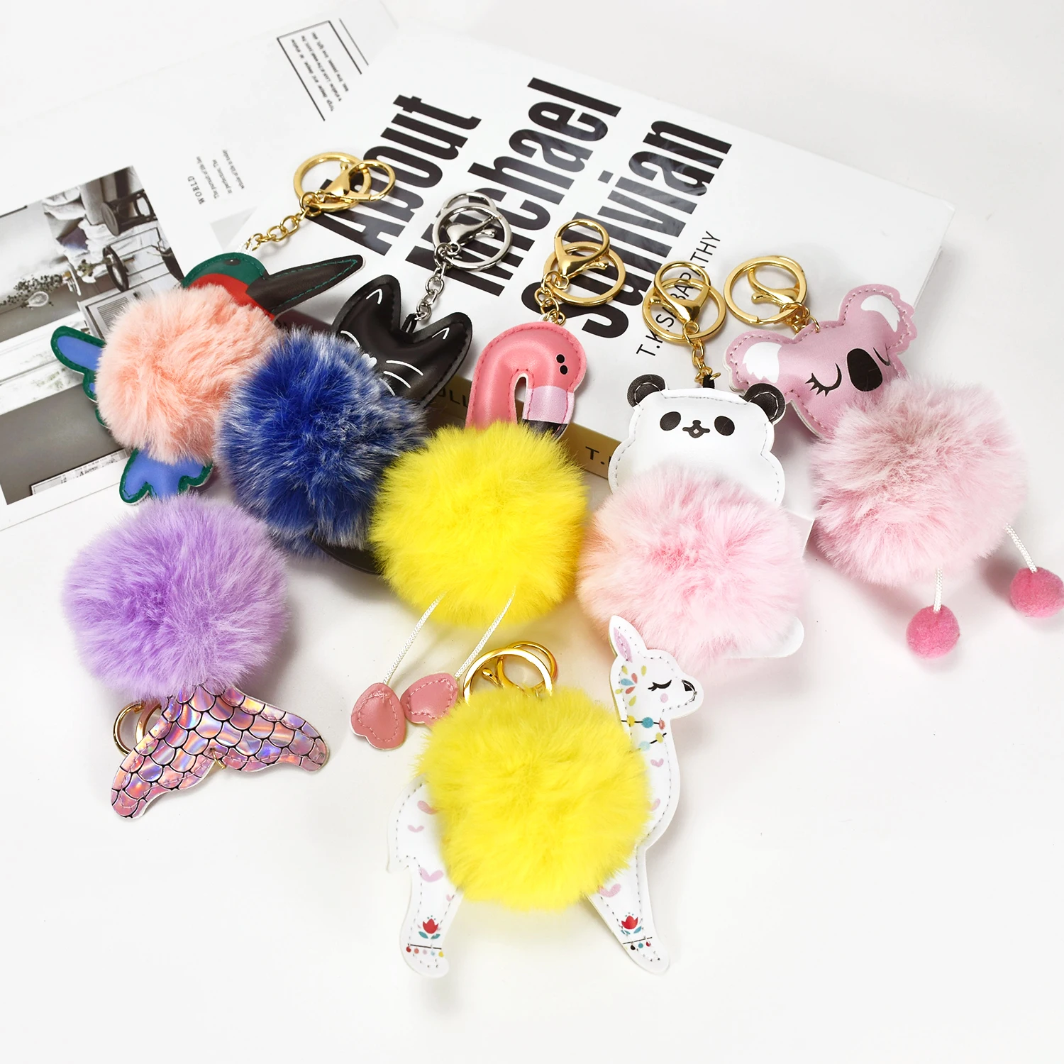Novelty Customize Animal Keyring Cute Koala kittens Plush fluff ball keychain Pendant Faux Rabbit Fur Puff Ball Key Handbag Gift