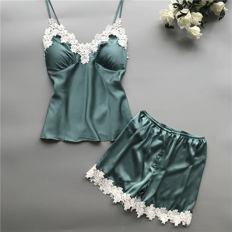 China Supplier Sexy Sleeveless  2 Pieces Satin Pajamas Set