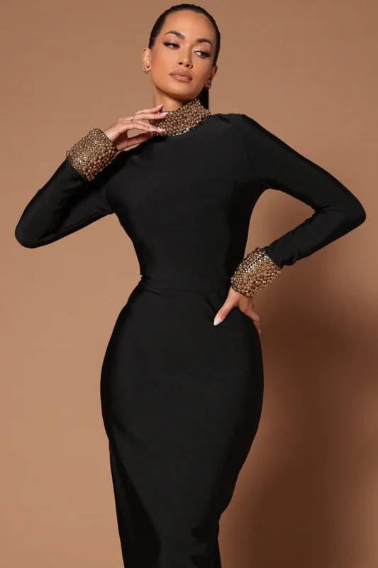 C3654  Popular Style Elegant Banquet Evening Dresses Black Long Sleeve Backless Luxury Beaded Bandage Bodycon Women Maxi Dresses