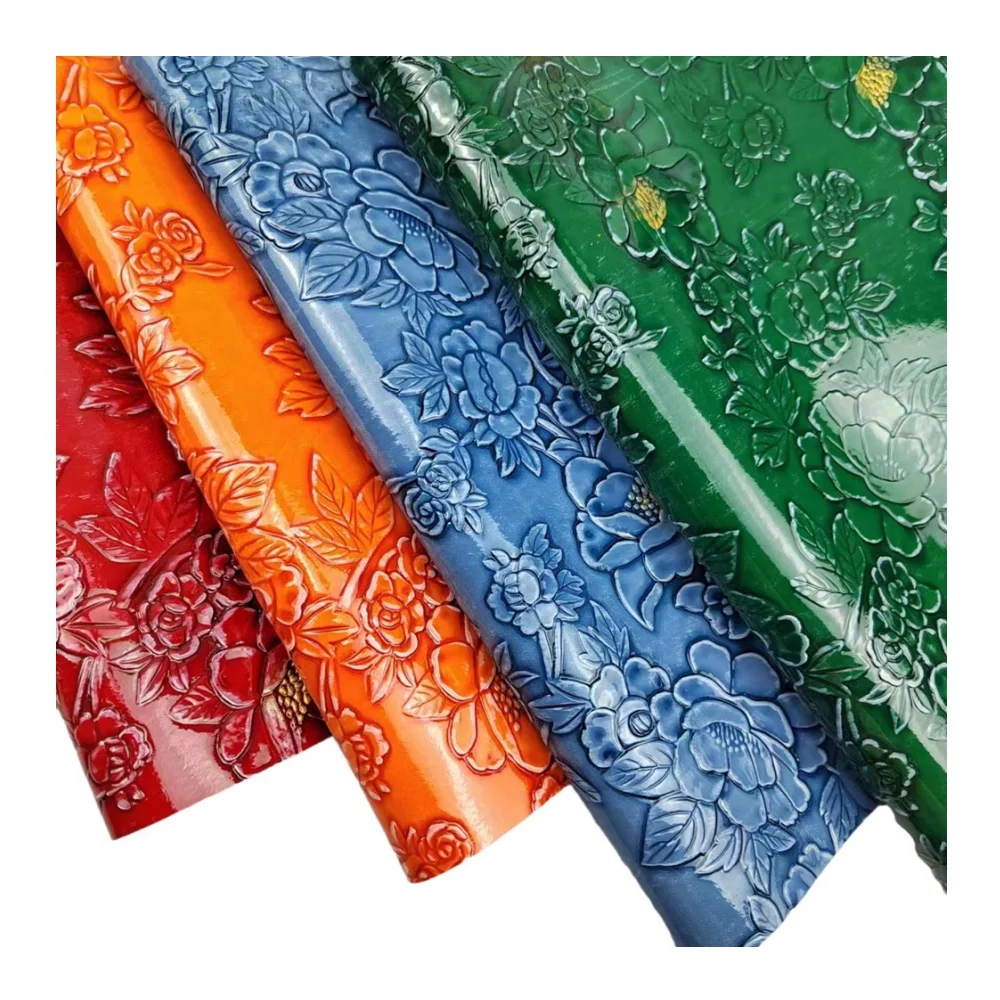 12x54Inch Engraved Embossed PVC High Gloss Camellia Pattern Faux Leather Fabric For Handbags Shoes Luggage