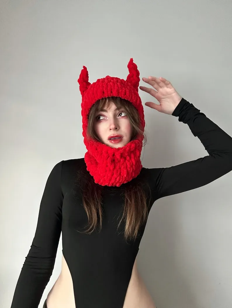 Autumn Winter Warm Plain Facemasks Beanie Custom Logo Devil Horns 1-Hole Ski Balaclava Motorcycle Woolen Blank Knitted Balaclava