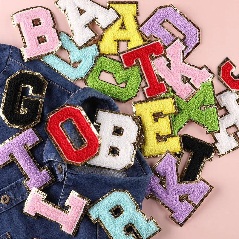 A-Z Towel English Alphabet Custom Embroidered Varsity Gold Glitter Border Iron On Chenille Letters Patches
