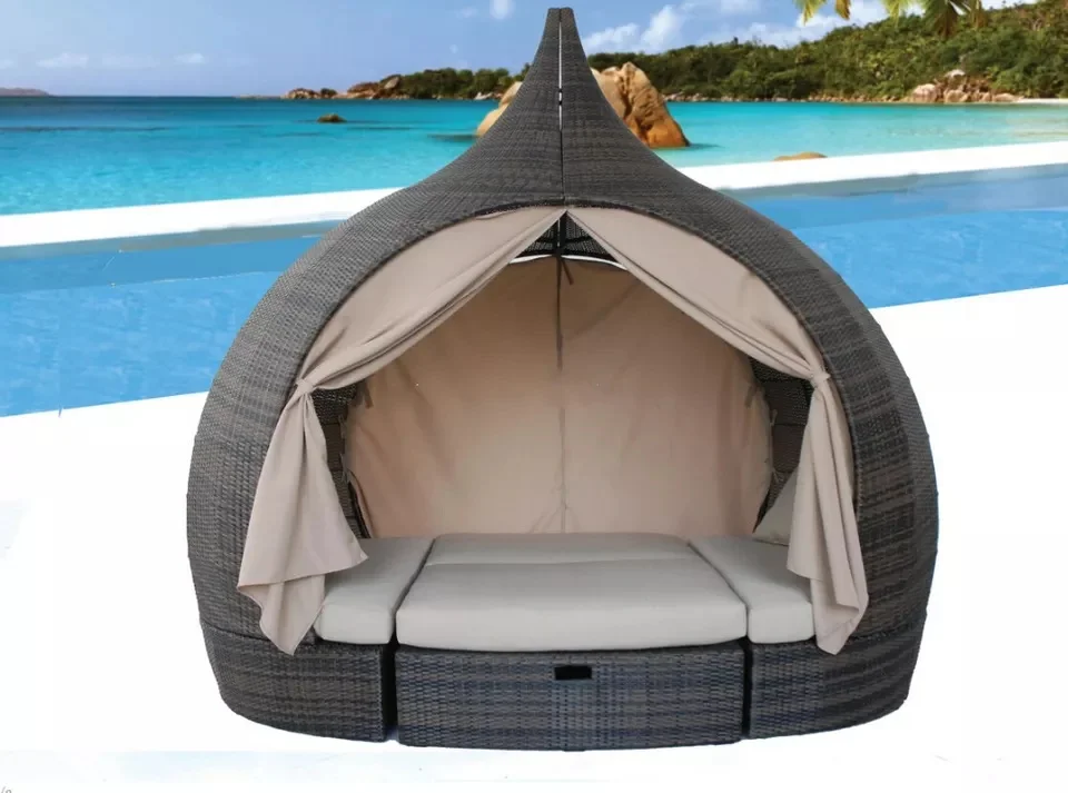 Hot Sale Rattan Wicker Outdoor Round Sunbed Sofa With Canopy air lounger