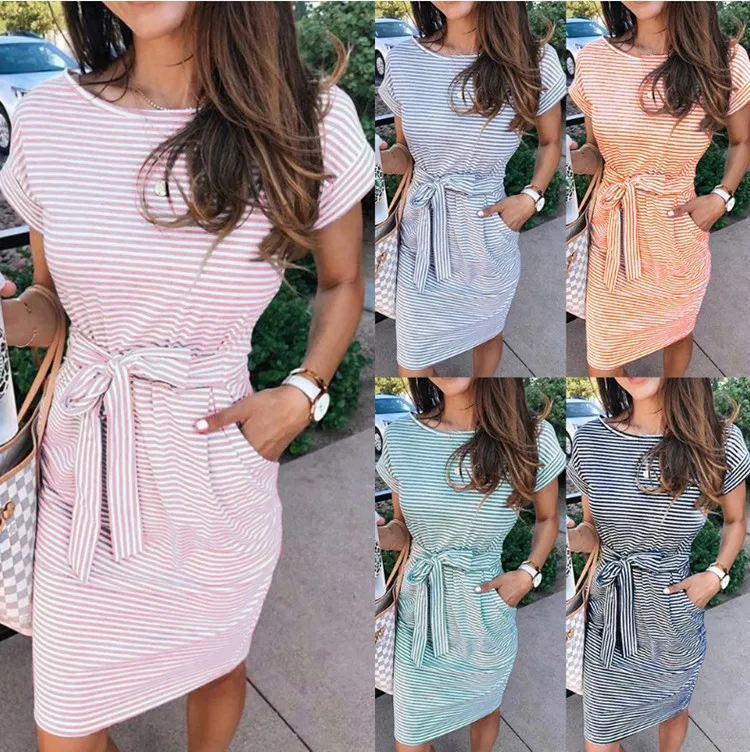 Casual Stripe Women Tshirt Dress Elegant O Neck Short Sleeve Sashes Pocket Black Pink Sundress Cotton Summer Midi Dress