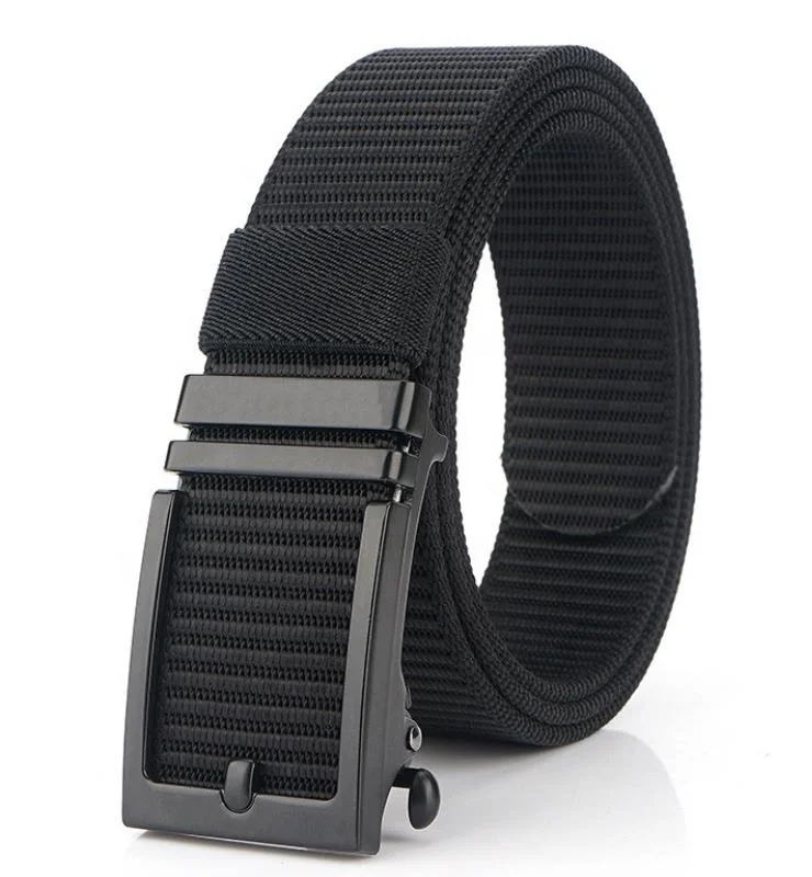 Quality Jeans Simple Web Fabric Canvas Men Ratchet Nylon Belt with Automatic Buckle No Teeth