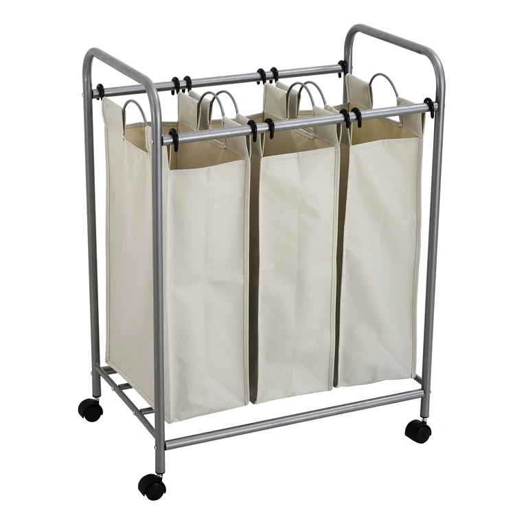 Wholesale 3 Sections Fabric Laundry Hamper Basket Heavy Duty Metal Dirty Clothes Bag With Wheels .